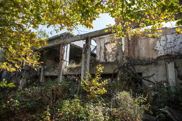 Autumn forest and old soviet building. Azerbaijan Ganja