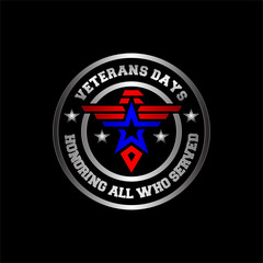 Veterans day logo with elegance gradation color. Army emblem or badge symbol with eagle and star illustration in flat design pictogram