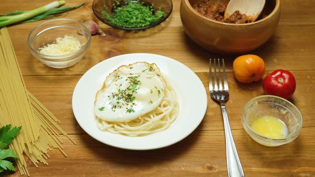 Video of hand made cooking of different pasta with aggs in kitchen