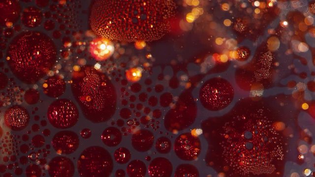 Abstract blood red spill bubbling and moving on a clear liquid background texture