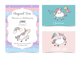 Fototapeta na wymiar Collection of animal background set with unicorn,rainbow,ice cream.Editable vector illustration for birthday invitation,postcard and sticker.Wording include thank you