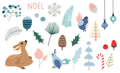 Winter set with bird,deer,conifer,snowflake illustration for sticker,postcard,background,christmas invitation