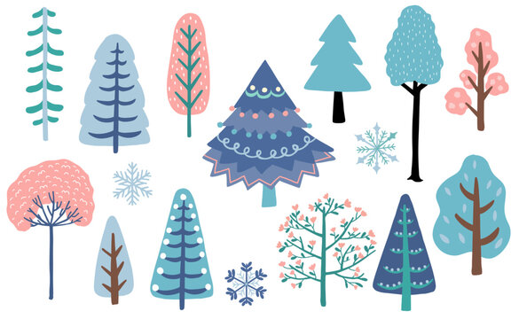 Winter tree set with blue,brown,pink illustration for sticker,postcard,background,christmas invitation