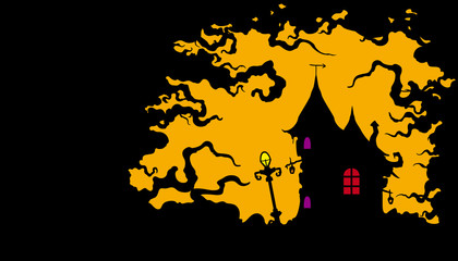 House in the dark banner with a copy-space/Illustration horizontal background with a house, a street lantern, crawling dark silhouettes