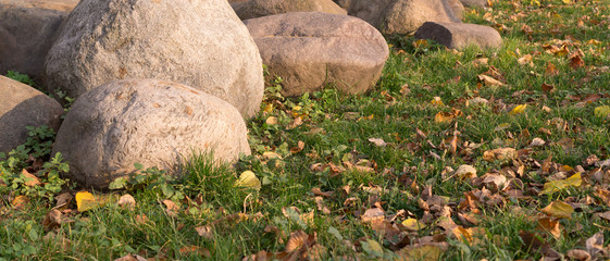 large stones and boulders with fallen leaves around in city part during autumn. nature, seasonal