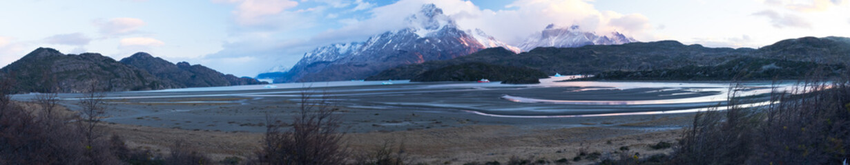 Breathtaking Sunrise over Torres Del Paine Mountain Range and Glacier Grey in Patagonia Chile