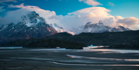 Breathtaking Sunrise over Torres Del Paine Mountain Range and Glacier Grey in Patagonia Chile