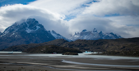 Breathtaking Sunrise over Torres Del Paine Mountain Range and Glacier Grey in Patagonia Chile