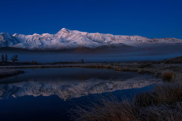 Fototapeta na wymiar mountains lake fog reflection dawn blue