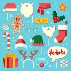 Christmas photo booth. Props santa hat and beard, elf hat, festive gift stocking. Snowflake, deer horns holiday accessory vector set