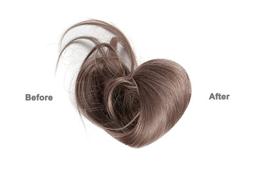 Brown hair in shape of heart before and after brushing, isolated on white background. Haircare procedure concept