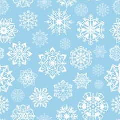 Snowflakes seamless pattern. Abstract christmas snowflake print, festive xmas crystal stars. Blue and white winter holidays wrapper texture