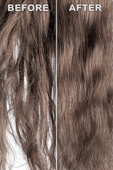 Naklejka premium Brown hair before and after brushing. Haircare procedure concept