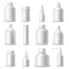 White medical bottles. 3d realistic blank plastic pharmaceutical packaging. Medical and cosmetic containers for spray and pills vector set