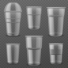 Transparent plastic disposable cups. Empty glasses various size for cold, hot drink for coffee takeaway, juice 3d realistic vector mockup