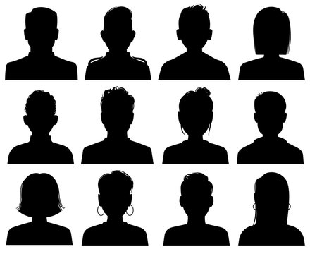 Silhouette heads. Male and female head avatars, office professional profiles. Anonymous faces portraits, black outline photo vector set