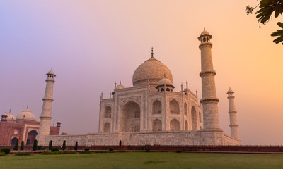 Exterior of The Taj Mahal ,ivory-white marble mausoleum on the south bank of the Yamuna river in the Indian city of Agra.