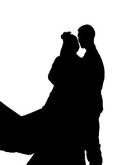 Silhouette pre wedding bride and groom on white background with clipping path.