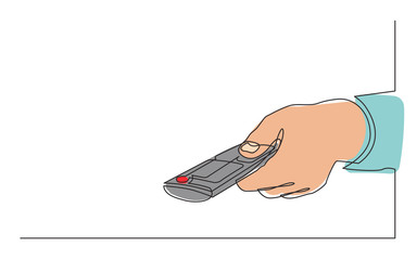 continuous line drawing of hand clicking remote control
