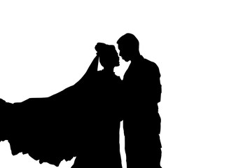 Silhouette pre wedding bride and groom on white background with clipping path.