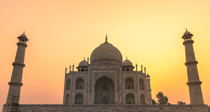 Exterior of The Taj Mahal ,ivory-white marble mausoleum on the south bank of the Yamuna river in the Indian city of Agra.