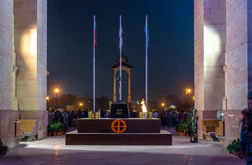 India Gate at New Delhi at night.