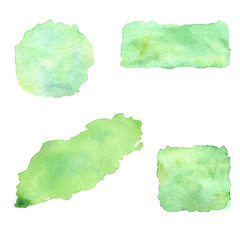 Set of watercolor colorful spots; hand drawn artistic Illustration for your design. green color; circle, square, rectangle shape; isolated objects on white background