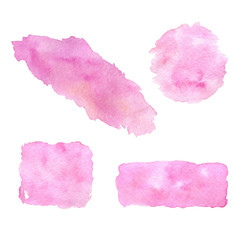 Set of watercolor colorful spots; hand drawn artistic Illustration for your design. Pink color; circle, square, rectangle shape; isolated objects on white background