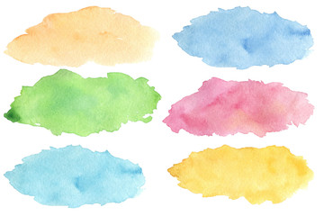Fototapeta premium Set of watercolor colorful spots; hand drawn artistic Illustration for your design. Blue, orange, green, pink, purple, yellow color; creative shape, isolated objects on white background.
