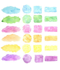Set of watercolour colourful spots; hand drawn artistic Illustration for your design. Yellow, blue, green, pink, orange, purple colours; circle, square, rectangle shape; isolated objects.