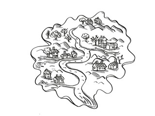 Island With River and Houses  Vintage Fantasy Map Cartoon Retro Drawing