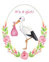 Watercolor hand drown newborn baby girl postcard. Qute stork with a baby in a  frame of pink  flowers and leaves.