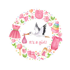 Watercolor hand drown newborn baby girl postcard. Qute stork with a baby in a  frame of pink baby clothes and toys, flowers and leaves.