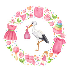Watercolor hand drown newborn baby girl postcard. Qute stork with a baby in a  frame of pink baby clothes and toys, flowers and leaves.