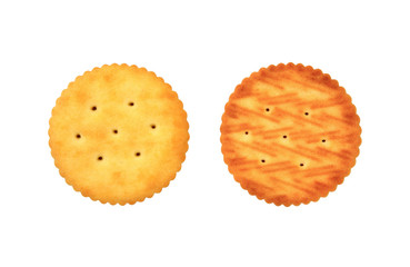 clipping path, close up front and backside of round cheese cracker cookies isolated on white color background