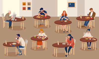 Collection of cute people sitting at tables and eating different delicious meals. Set of men and women trying tasty food at restaurant or cafe. Colorful vector illustration in flat cartoon style