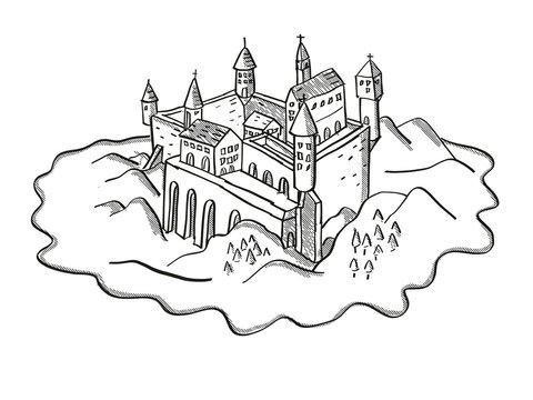 Castle or Fortress on Island Vintage Fantasy Map Cartoon Retro Drawing