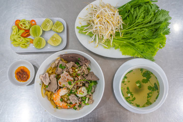 Top view photo of Vietnam rice noodles mixed with meats