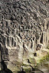 Fototapeta na wymiar Reynisfjara black basalt sand beach in Vík í Mýrdal in Iceland on the west side of Mýrdalssandur glacial outwash plain as captured together with basalt columnar formations and cliffline