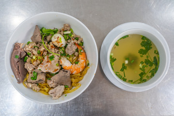Top view photo of Vietnamese shrimp and pork noodles soup 