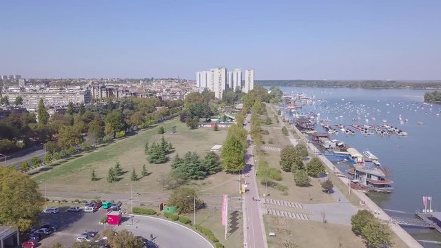 Beautiful panorama aerial shot of Zemun kej, marina and boats on Danube