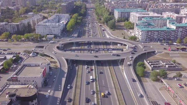 Slow beautiful establishing shot of Belgrade highway and Genex tower, aerial 4k