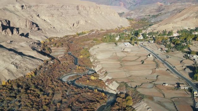 Drone footage of a village in Ladakh in autumn season