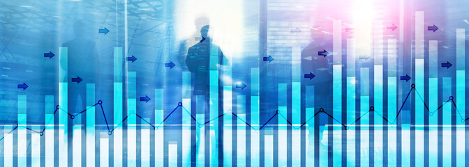 Investment trading financial analysing forex currency economy growth abstract background business people modern city.