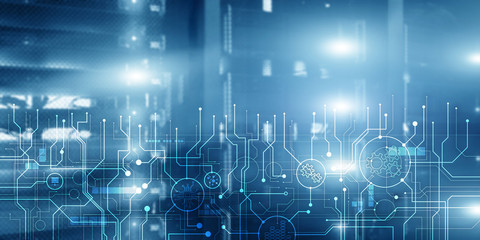 Schematic electronic draft server room information communication technology background. Template design copy space