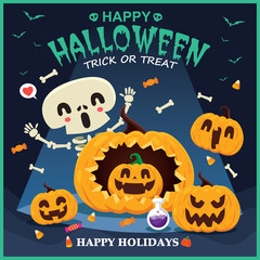 Vintage Halloween poster design with vector skeleton, ghost, pumpkin character. 