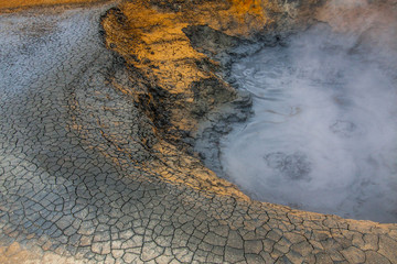 Panorama of geothermal area Hverar&ouml;nd (Hverir), situated by the orange-red clay coloured tuff mountain Namafjall south of N&aacute;maskar&eth; in Iceland, with details and patterns