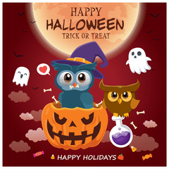 Vintage Halloween poster design with vector owl, cat, ghost, potion, pumpkin character. 