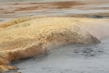 Panorama of geothermal area Hverar&ouml;nd (Hverir), situated by the orange-red clay coloured tuff mountain Namafjall south of N&aacute;maskar&eth; in Iceland, with details and patterns