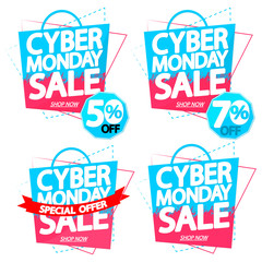 Set Cyber Monday Sale banners, discount tags design template, vector illustration